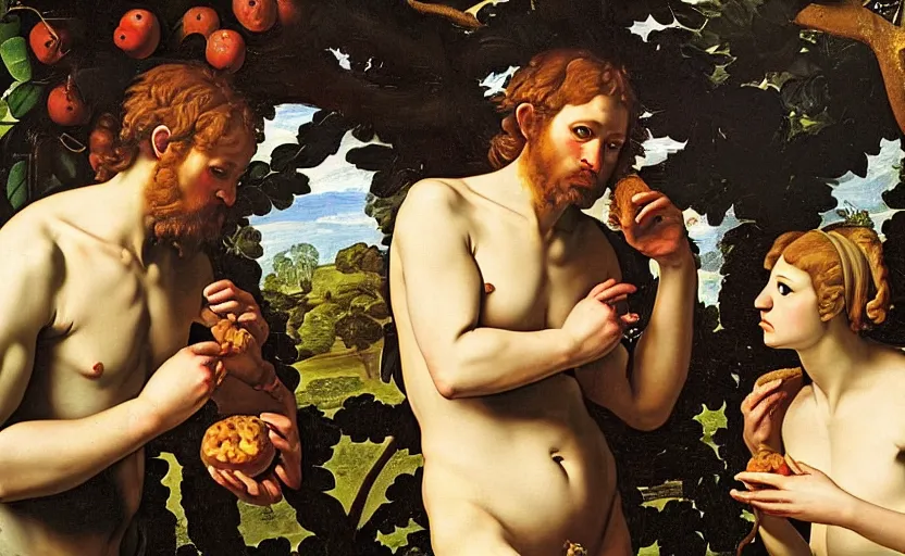 Prompt: adam and eve eating a big mac in the garden of eden by caravaggio, highly detailed, intricate details, oil painting, deep impasto