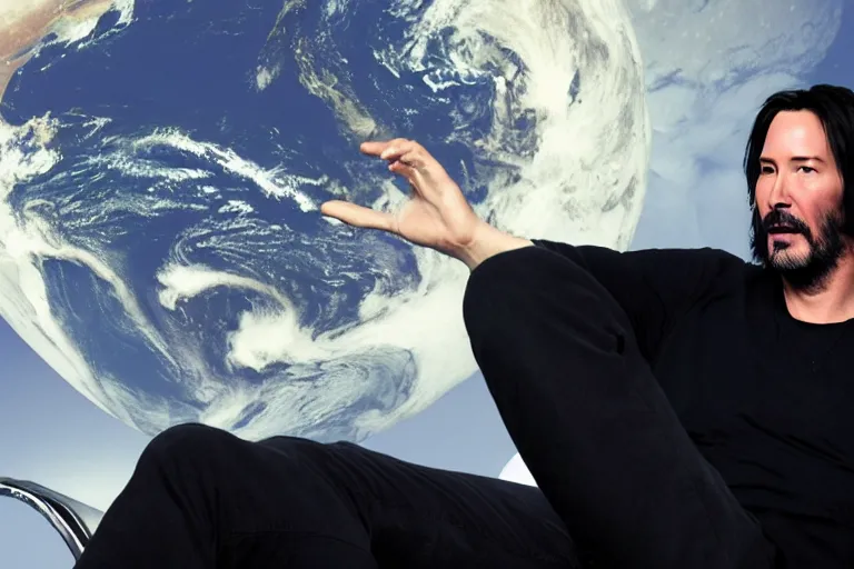 Prompt: Keanu Reeves sitting on a chair and drinking tea and watching the earth on the moon, 4k