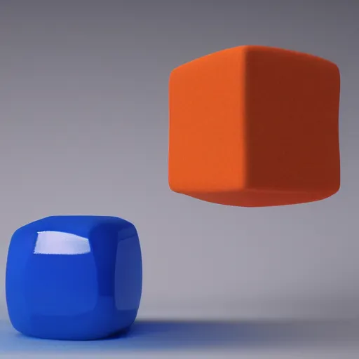 Prompt: one blue 1 2 8 8 cube and one orange cube, studio light, studio photo, 1 2 9 7, octane render