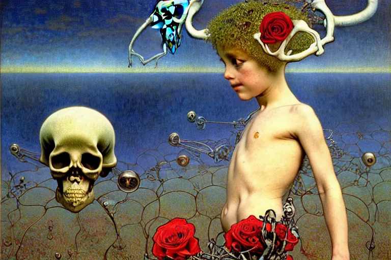 Image similar to realistic detailed portrait painting of a kid with a skeleton with a single rose wearing sci-fi helmet in a dystopian landscape by Jean Delville, Amano, Yves Tanguy, Alphonse Mucha, Ernst Haeckel, Edward Robert Hughes, Roger Dean, cinematic composition, dramatic pose, masterpiece, rich moody colours, blue eyes, 4k details