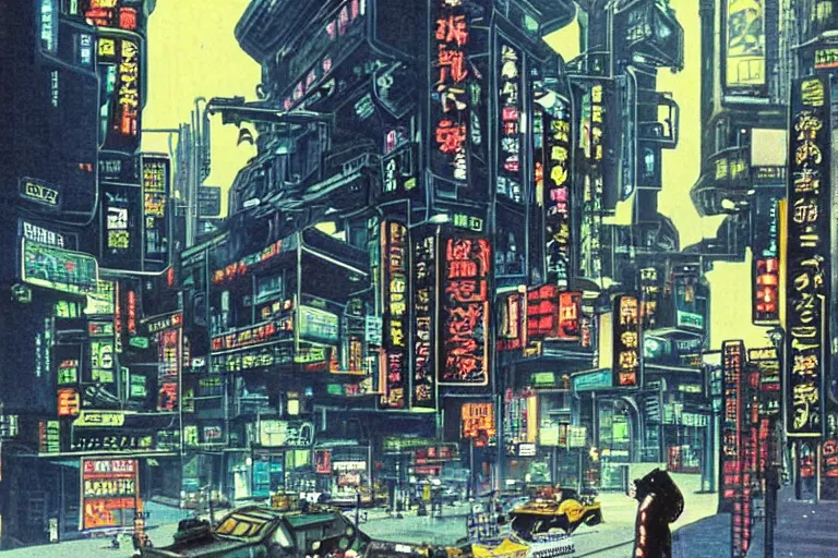 Prompt: 1 9 7 9 science fiction depicting mechwarrior walking at street level in neo - tokyo with beautiful scenery. art by tim conrad and vic bonilla