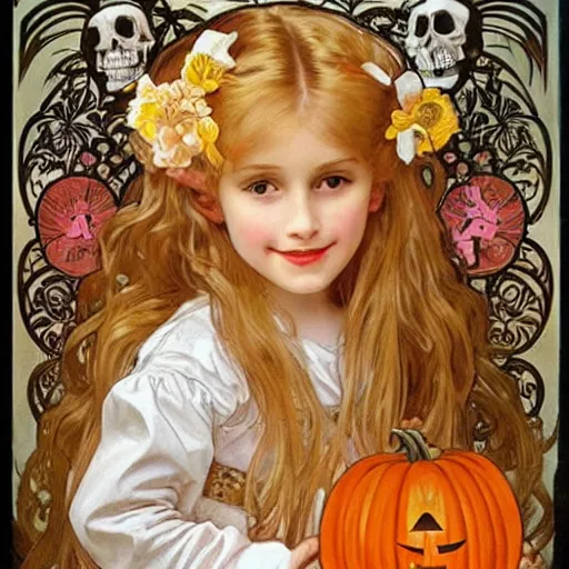 Image similar to a happy little girl with long straight golden blonde hair sitting amidst halloween decor, skulls and pumpkins. beautiful highly detailed face, beautiful painting by alphonse mucha