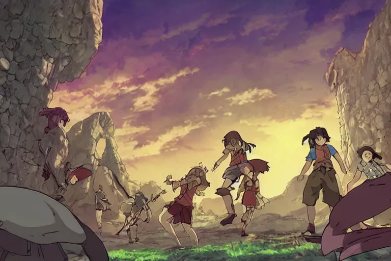 Prompt: cell shaded key visual of a group of adventurers being defeated by monsters in a dungeon, in the style of studio ghibli, moebius, makoto shinkai,