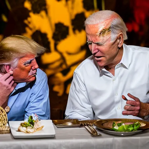 Image similar to Trump and Biden having dinner at a fancy Balinese restaurant, award winning photography, 85mm, perfect faces