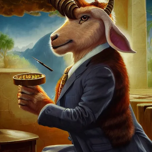 Prompt: commissioned artwork of a furry anthro goat smoking a cigar, three piece suit, painted todd lockwood, jeff easley, greg rutkowski, james gurney, artgerm, digital art, trending on artstation, award - winning, vivid, detailed