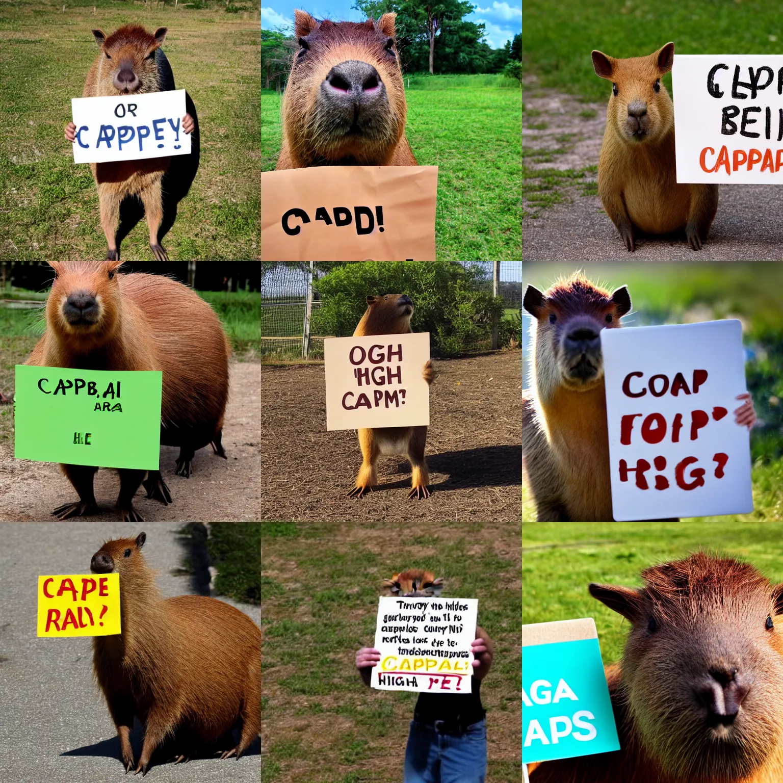 Image similar to realistic high quality photo of a capybara holding a sign with text that reads : capybara