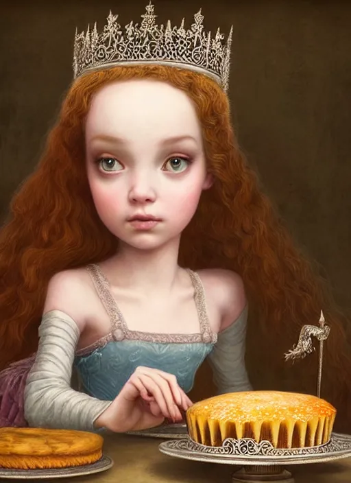 Image similar to highly detailed closeup portrait of a fairytale medieval princess eating cakes, unreal engine, nicoletta ceccoli, mark ryden, lostfish, earl norem, global illumination, god rays, detailed and intricate environment