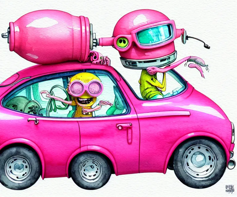 Image similar to cute and funny, pink colored squid wearing goggles riding in a tiny hot rod with oversized engine, ratfink style by ed roth, centered award winning watercolor pen illustration, isometric illustration by chihiro iwasaki, edited by range murata, tiny details by artgerm and watercolor girl, symmetrically isometrically centered