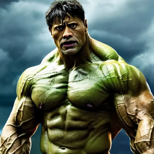 Prompt: dwayne johnson as hulk, marvel cinematic universe, mcu, 4 k, raw, unedited, green skin, symmetrical balance, in - frame,