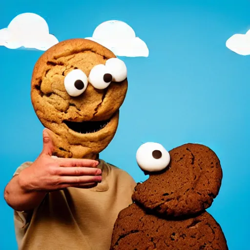 Image similar to a giant humanoid cookie picking up cookie monster and eating him