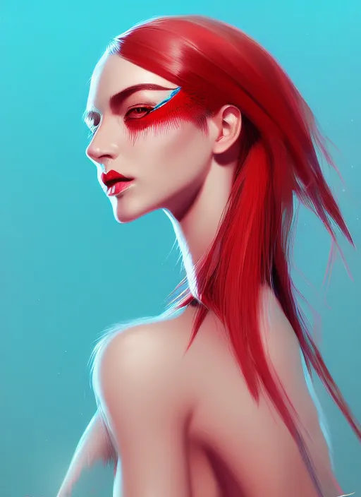 Prompt: portrait of female, aquamarine and red feathers, intricate, elegant, highly detailed, digital painting, artstation, concept art, smooth, sharp focus, illustration