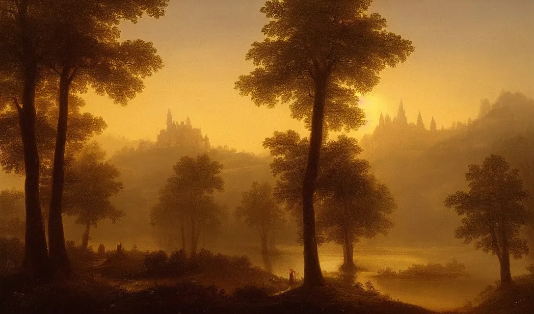 Image similar to a diamond tree forest at sunset, there is golden castle off in the distance, highly detailed landscape painting by claude lorrain but as photography, golden hour, misty ominous atmosphere