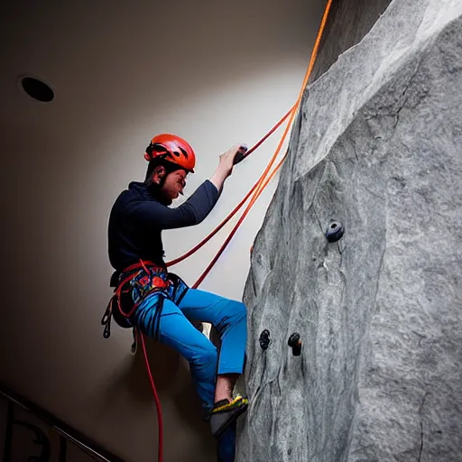 Image similar to A climbing expedition climbing the stairs of a regular apartment building. They are using ropes, pickaxes and other professional climbing gear in order to climb the stairs. Photograph, f/8, room lighting, indoor