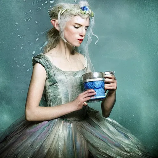 Prompt: A 18th century, messy, silver haired, (((mad))) elf princess, dressed in a ((ragged)), wedding dress, is ((drinking a cup of tea)). Everything is underwater and floating. Greenish blue tones, theatrical!, ((((underwater lights)))), fantasyconcept art by Claude Monet, inspired by John Singer Sargent's Lady Macbeth