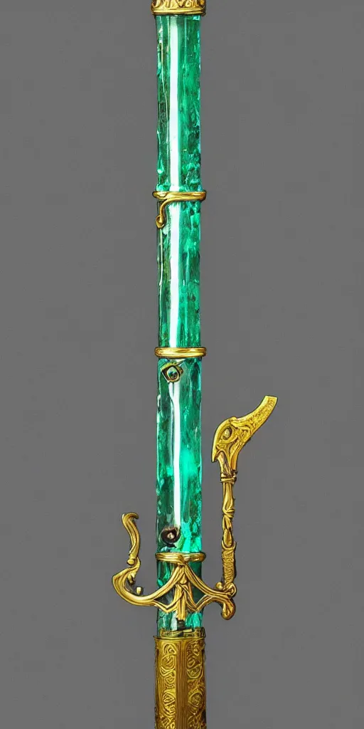 Image similar to photograph of a wide green and teal crystal sword blade attached to a big gold sword hilt
