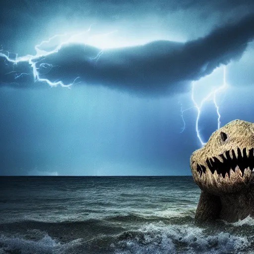 Prompt: nightmare monster emerging from sea surface, but monster is dendritic, thunderstorm in background, color