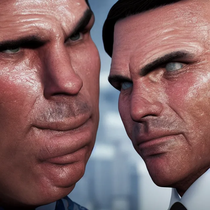 Image similar to photo of Jair Bolsonaro crying looking to workers party , hyper realism, high detail, octane render, 8k, chrome accents