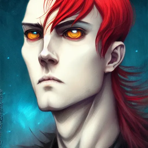 Image similar to headshot portrait of male anime character extremely sharp jaws slit yellow eyes medium red hair by anato finnstark, tom bagshaw, brom