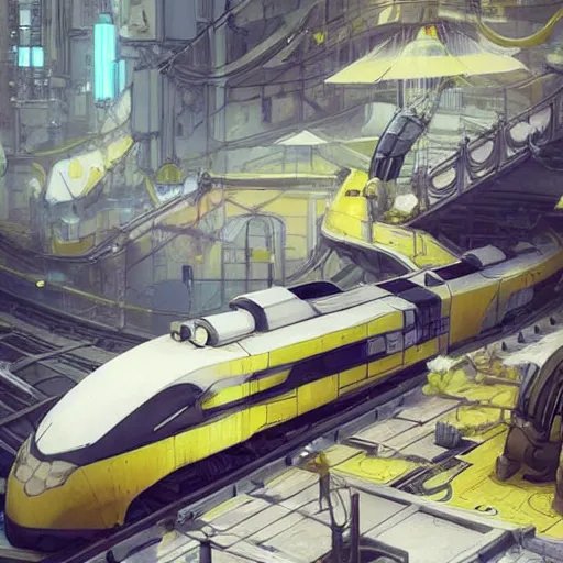 Image similar to white and yellow colors. highly detailed post-cyberpunk sci-fi train station in style of cytus and deemo, mysterious vibes, by Akihiko Yoshida, by Greg Tocchini, nier:automata, set in half-life 2, beautiful with eerie vibes, very inspirational, very stylish, surrealistic, perfect digital art, mystical journey in strange world, bastion game