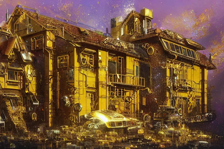 Image similar to cyberpunk, an estate agent listing external photo of a golden 5 bedroom detached house, made of gold, metal, golden, sparkling, in the countryside, sunny day, clear skies, by Paul Lehr