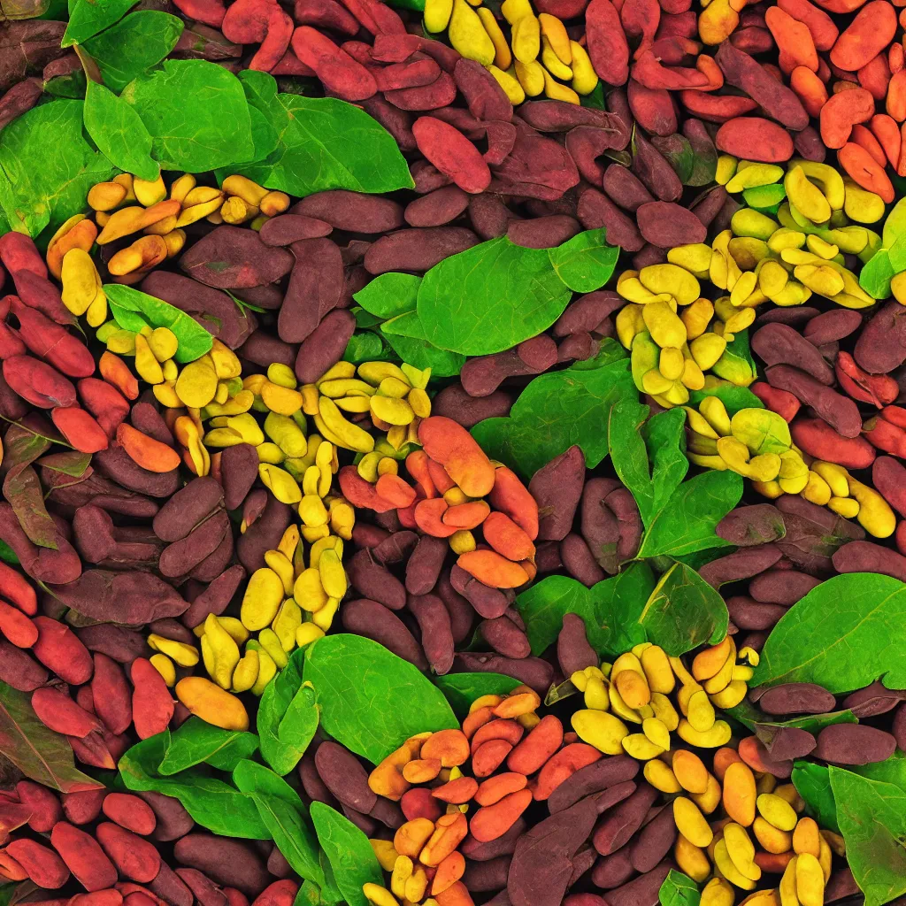 Image similar to large spiral of multicolor soy beans, with large leaves and fractal roots, over vivid dark wood table, food photography. super detailed. masterpiece