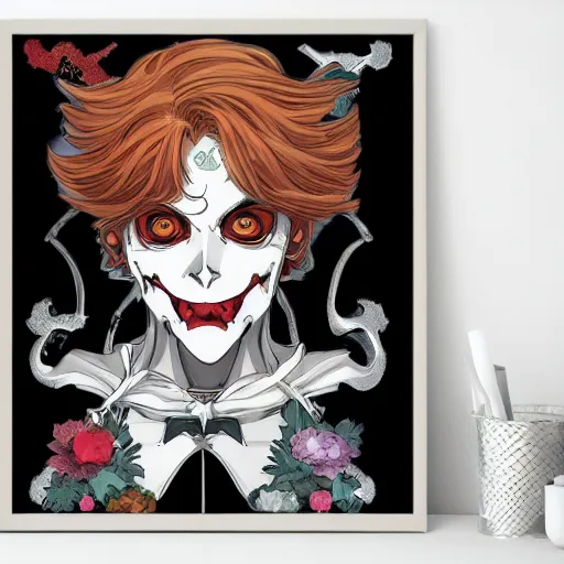 Image similar to anime manga skull portrait marvel young woman joker dc balloons comic skeleton illustration style by Alphonse Mucha pop art nouveau