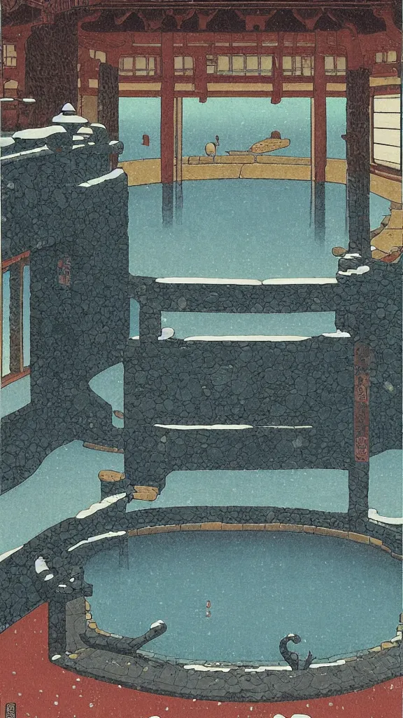 Image similar to a beautiful ancient bathhouse with a bathing alien creature in the winter by hasui kawase