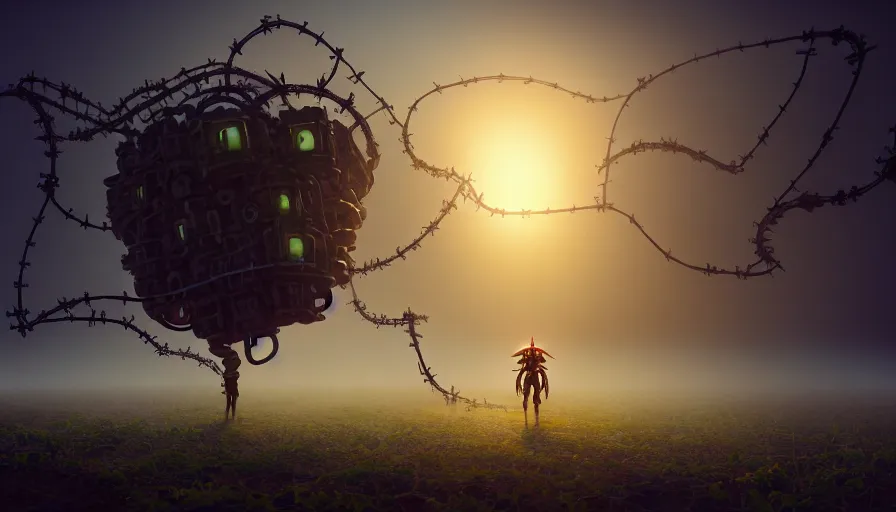 Image similar to a walking mechanical castle with legs, vines, pilar, hyperrealistic, highly detailed, cinematic, single ray of sun, fog, beautiful, cgssociety, artstation, 8 k, oil painting