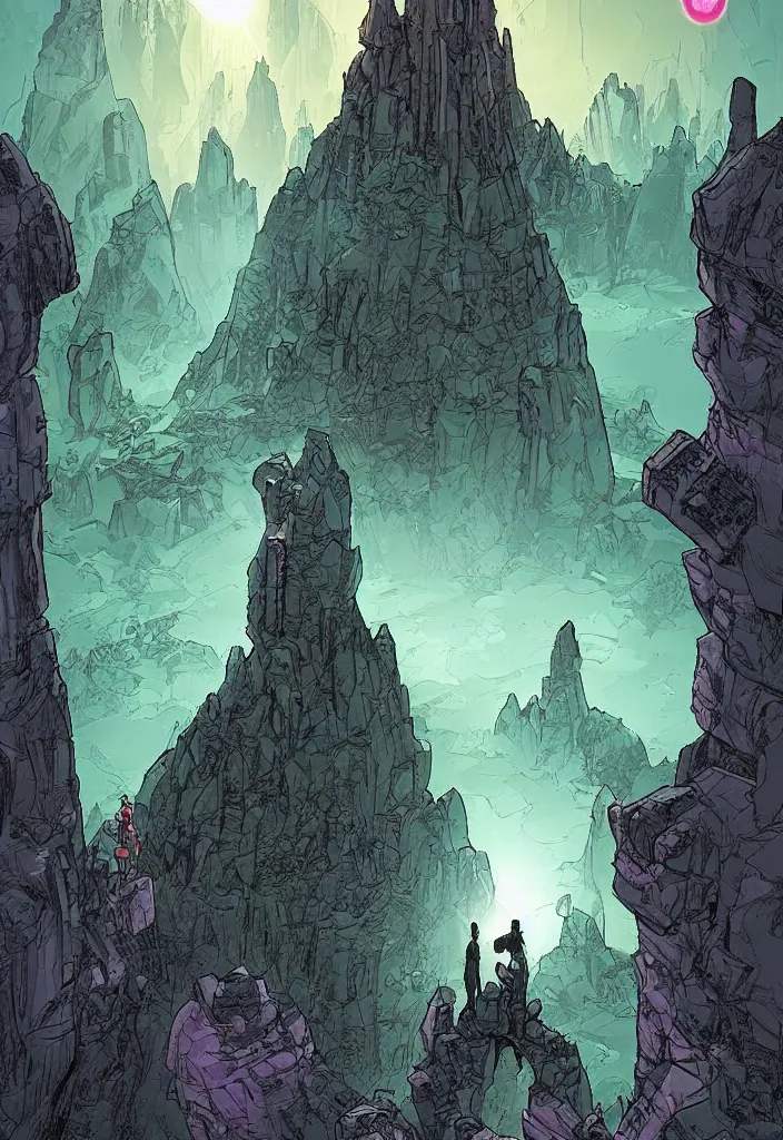 Prompt: A comic book cover of an android with glowing features and back to the camera, looking across a vast chasm and old rope bridge. On the mountain facing him is a crystal temple with a tower glowing in the fog, grand scale, stylized, purple and green