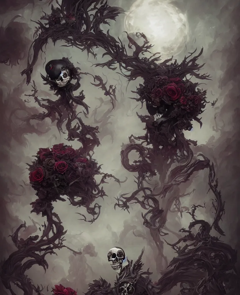 Image similar to a chaotic goddess of death skull black rose s day of the dead atmospheric, dramatic, concept art by Peter Mohrbacher hyperrealist, cinema4D, 8k highly detailed ❤️‍🔥 🔥 💀 🤖 🚀