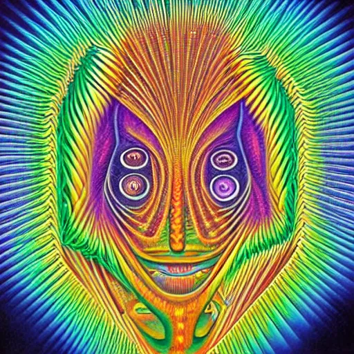 Prompt: highly detailed optical illusion of a dmt breakthrough filled with magical energy by mad dog jones and alex grey