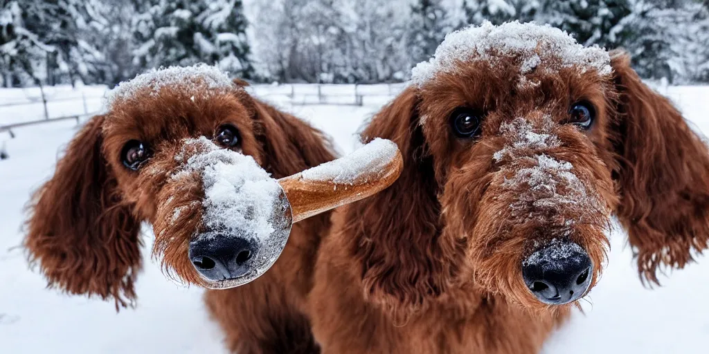 Image similar to Giant woolly dachshund with tusks, in snow