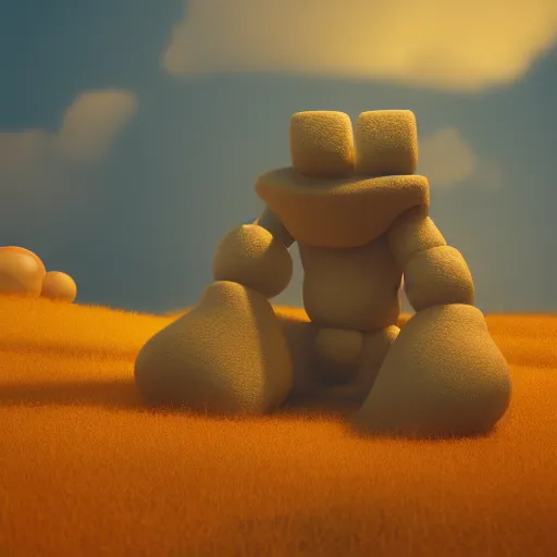 Prompt: A Marshmallow Golem wandering a candy landscape, mystical, mysterious, magical, Octane Render, Raytracing, 135mm camera lens, golden hour