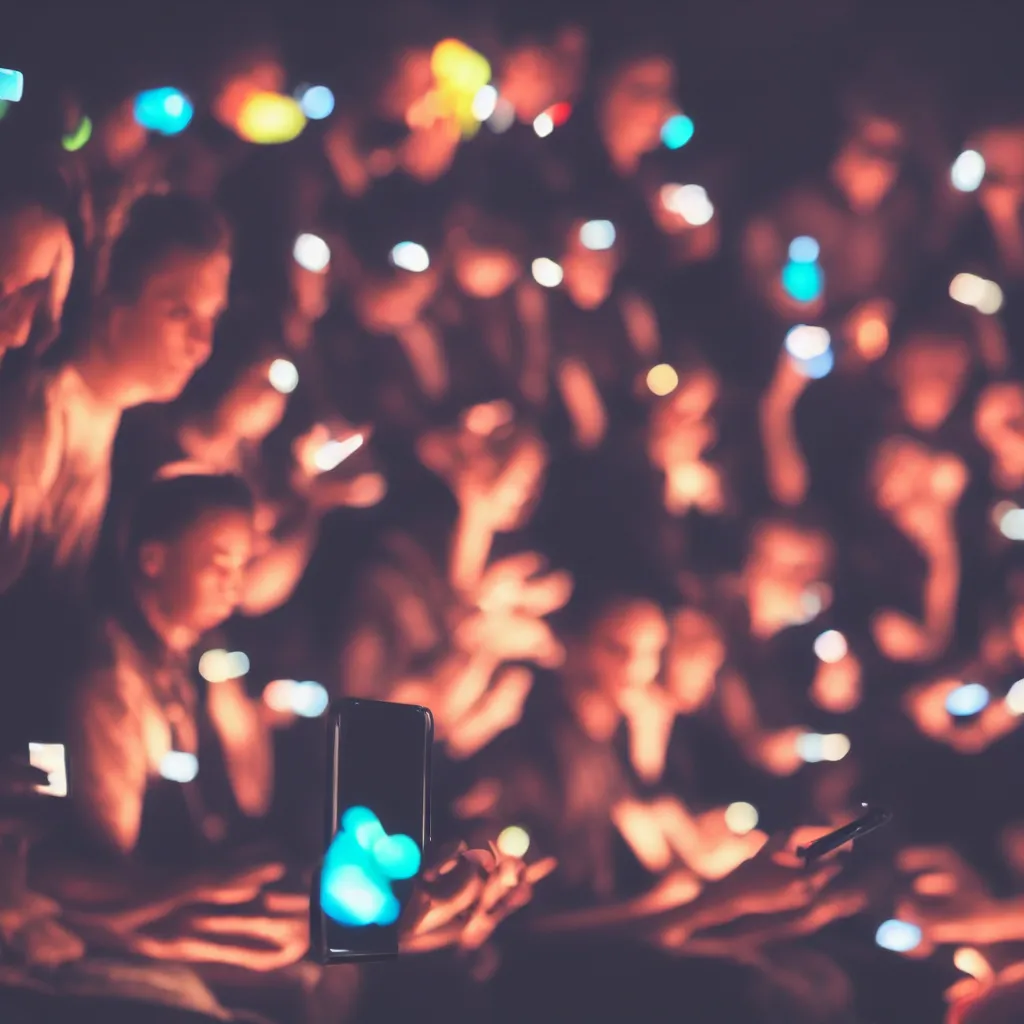 Prompt: group of people in a dark room, illuminated by the different color of screen of their smartphones. calm social setting. partecipating in a social game. talking, listening. 360 pictute, 4K, highly detailed, vibrant colors, contrasting