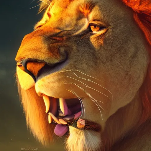 Image similar to Nala the female lion with no mane from the Lion King movie standing on pride rock, summer, bright and beautiful, orange tones, oil painting, Greg Rutkowski, Charlie Bowater, unreal 5, DAZ, hyperrealistic, octane render, RPG portrait, dynamic lighting, fantasy art, beautiful face