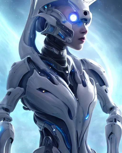 Image similar to perfect android girl on a mothership, warframe armor, beautiful face, scifi, futuristic, galaxy, nebula, raytracing, dreamy, long white hair, blue cyborg eyes, sharp focus, cinematic lighting, highly detailed, artstation, divine, by gauthier leblanc, kazuya takahashi, huifeng huang