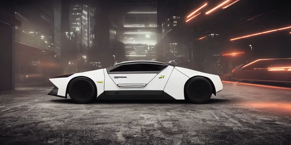 Prompt: a design of a futuristic DMC Delorian, designed by Polestar, blade runner background, stained antique copper car paint, white wheel rims, black windows, sportscar, dark show room, dramatic lighting, hyper realistic render, depth of field