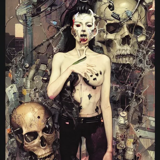 Image similar to a female cyberpunk noir detective, skulls, wires cybernetic implants, machine noir grimcore, in the style of adrian ghenie esao andrews jenny saville surrealism dark art by james jean takato yamamoto and by ashley wood and mike mignola