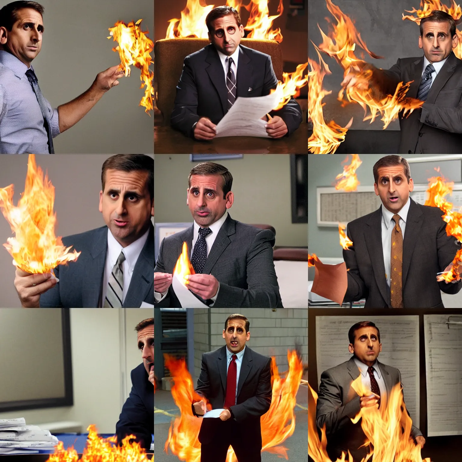 Prompt: Steve Carell as Michael Scott setting a sheet of paper on fire