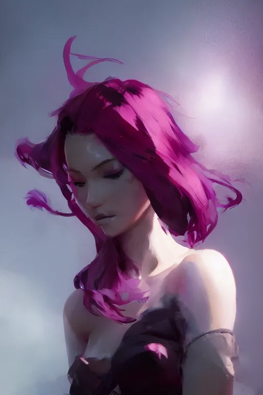 Prompt: A beautiful woman with professional makeup, with shoulder length mid-length magenta hair, volumetric lighting, dramatic atmosphere, subtle and detailed, by Dustin Nguyen, Akihiko Yoshida, Greg Tocchini, Greg Rutkowski, Cliff Chiang, 4k resolution, heavy contrast, trending on artstation