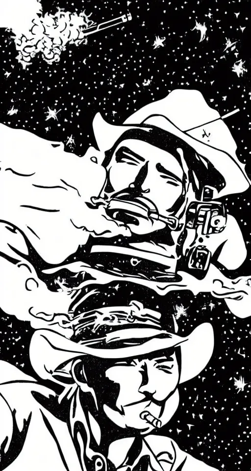 Prompt: a cowboy in space smoking a cigarette, highly detailed, anime style