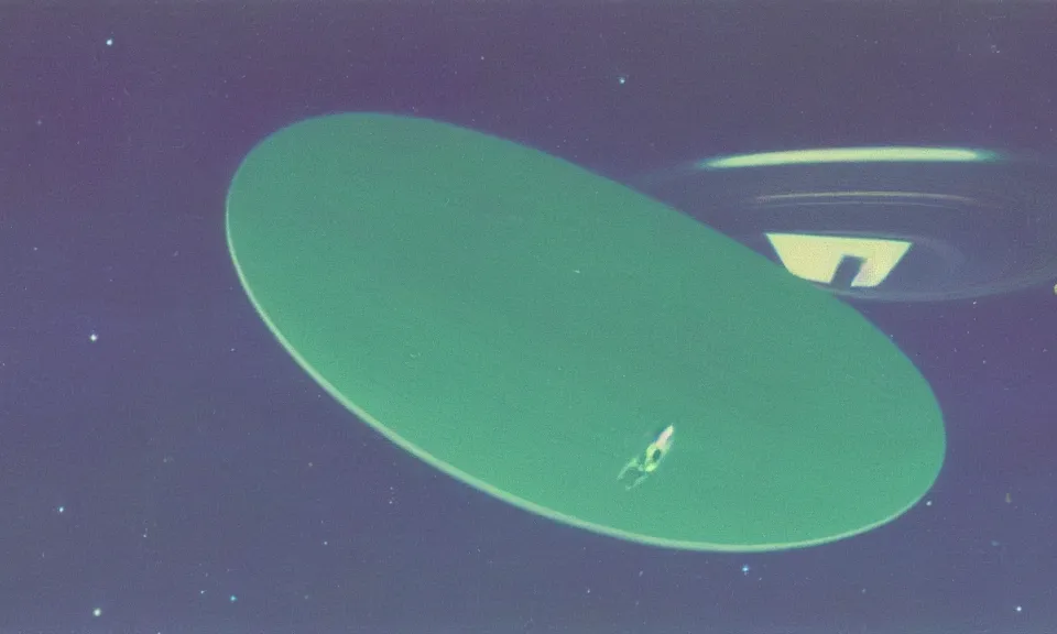 Image similar to 3 5 mm film still 7 0 s vivid color jade green concept art saturn in space