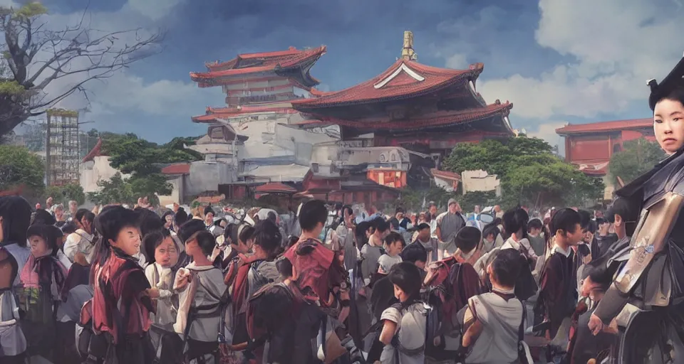 Prompt: wide full shot of an asian school wearing a samurai headgear cosplay, film studio background, softlight, photorealistic, art by artgerm and greg rutkowski