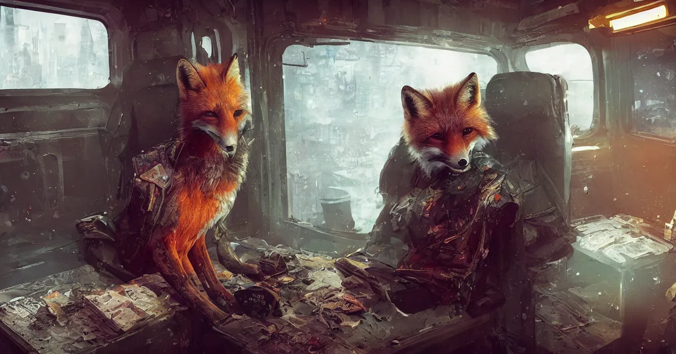 Prompt: Imagination of homeless fox with hood over head in an old coat sits on a dirty seat in a old russian subway car, cyberpunk 2077, amazing digital art