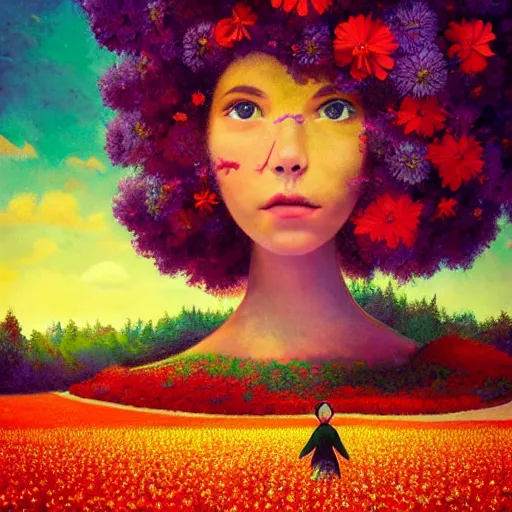 Image similar to girl with a gargantuan flower as a face, surreal photography, dream, standing in flower field, hills, big trees, sunrise dramatic light, impressionist painting, colorful clouds, digital painting, pointillism, artstation, simon stalenhag, flower face