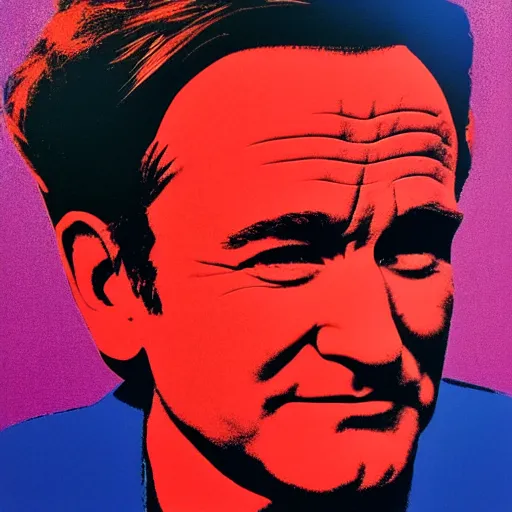 Prompt: silkscreen and lithography to create robin williams in the style of andy warhol