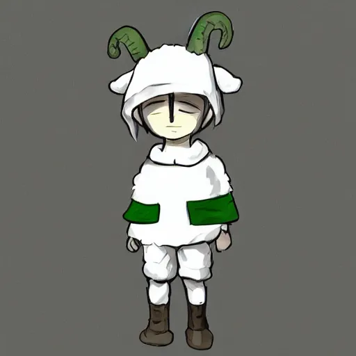 Prompt: boy wearing sheep suit. white, gray, blue, green and brown pallet color. made in abyss art style, inspired in chris from deltarrune