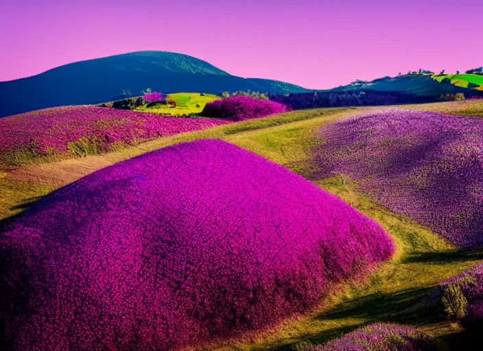 Image similar to fields full of flowers, pink and purple trees and blue sky with hills in the background. Intricate. Very detailed 8k. Fantasy. Sharp. Cinematic post-processing.