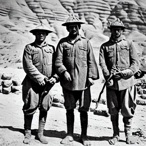 Prompt: ultra detailed photorealistic sepia - toned photo from 1 9 1 7, three clean - shaven british soldiers standing with two bedouin traders in traditional arab garb, at an archaeological dig site in wadi rum, ultra realistic, painted, intricate details, lovecraft, atmospheric, dark, horror, brooding, highly detailed, by clyde caldwell