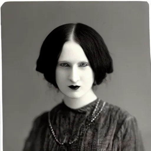 Prompt: close photo portrait of a pale skin woman wearing 1 9 2 0'clothes, long hook nose, colorized